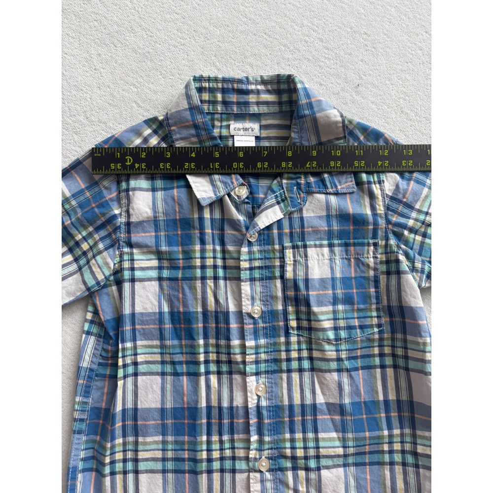 Carter's Plaid Button Down Shirt Kids Boys Size 7 Blue Green Short Sleeve Cotton - Picture 3 of 7